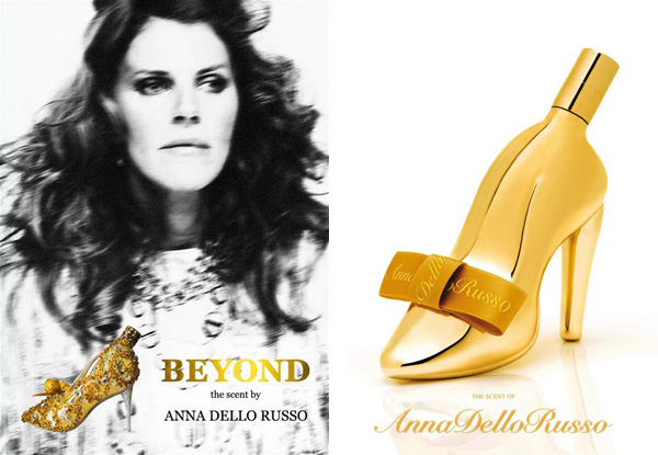 Anúncio com foto do perfume lançado por Anna dello Russo em forma de sapatinho dourado